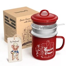 Bacon Grease Container with Removable Strainer - Includes Natural Cellulose Spon