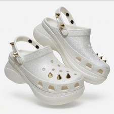 Crocs Classic Bae Glitter Stud Platform Clogs Women's Size 8 White