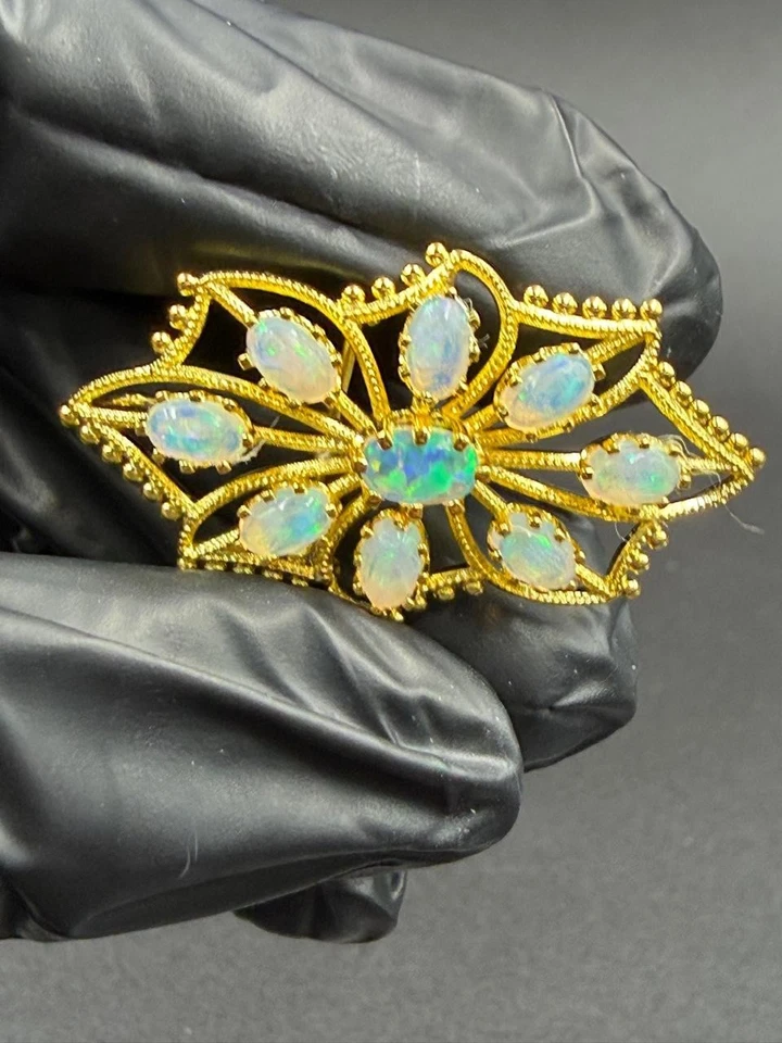 Подлинная антикварная винтажная брошь на булавке из огненного опала овальной огранки 14 карат с покрытием из желтого золота 3 карата - Изображение 2 из 4