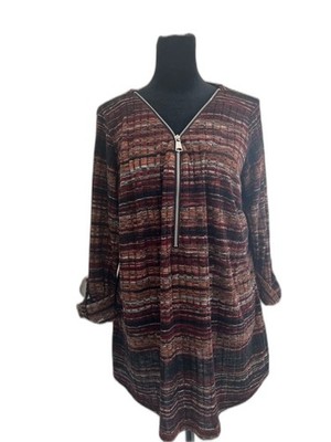 CB Established 1962 Women s 1X Multicolor Striped Zip Front Tunic Top 3/4 Sleeve