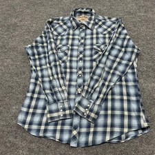 Wrangler Shirt Mens Size L Blue Plaid Wrancher Western Pearl Snap Long Sleeve