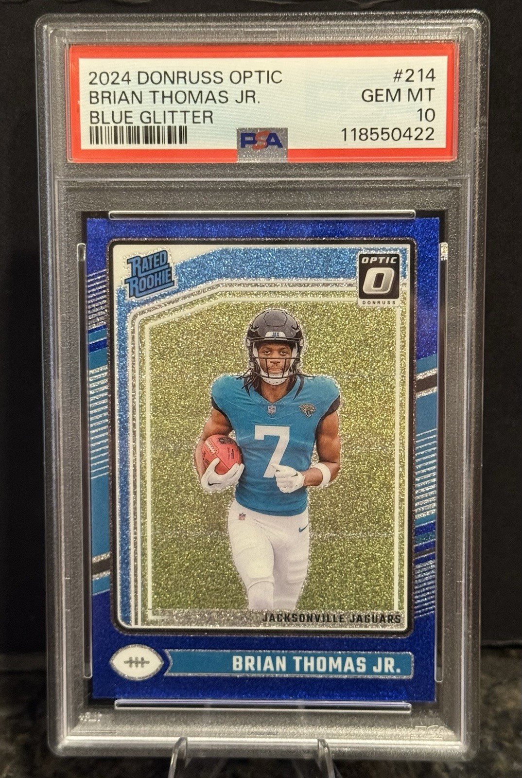 2024 Panini Donruss Optic Brian Thomas Jr. Blue Glitter #214 -PSA Gem Mint 10 RC