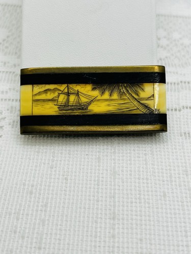 Vintage Maritime Ship SCRIMSHAW Inlay Wood Brass Signed Money Clip - Picture 1 of 7