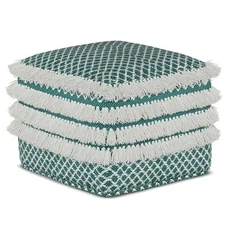 Simpli Home Leah Boho Square Woven Pouf in Turquoise and White