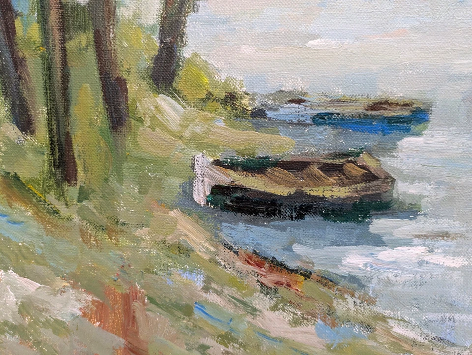 Ölgemälde SIGNIERT Lejeune 20. Jh IMPRESSIONIST Landschaft SEE Boote Bäume Ufer - Bild 4 von 4