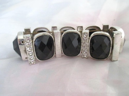 Silver Tone Bangle Stretch Bracelet Black Stones & Rhinestones 1"W x 7.5" Flat - Picture 2 of 3