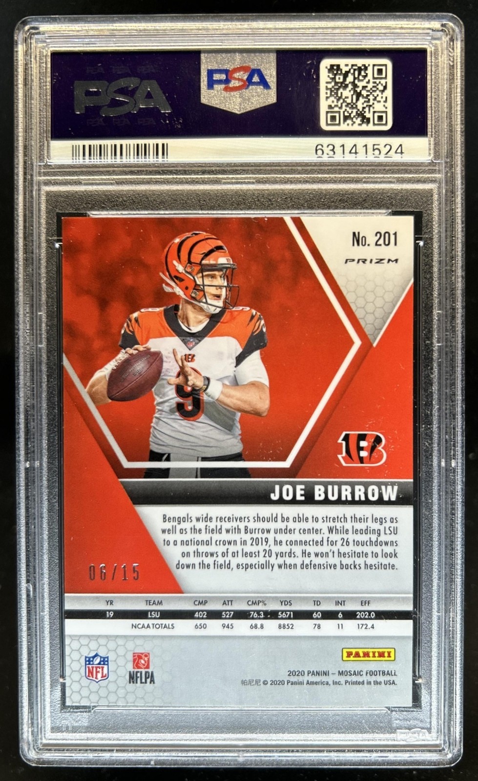 2020 Panini Mosaic Joe Burrow RC Prizm Blue Fluorescent #/15 Bengals PSA 9 view 2