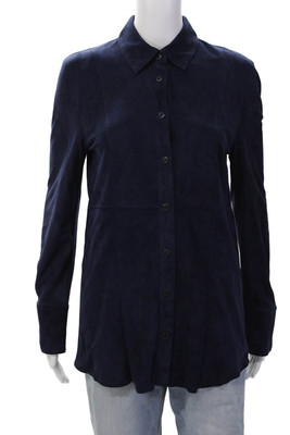 In Transit Womens Leather Suede Collared Button Up Dress Shirt Navy Size M