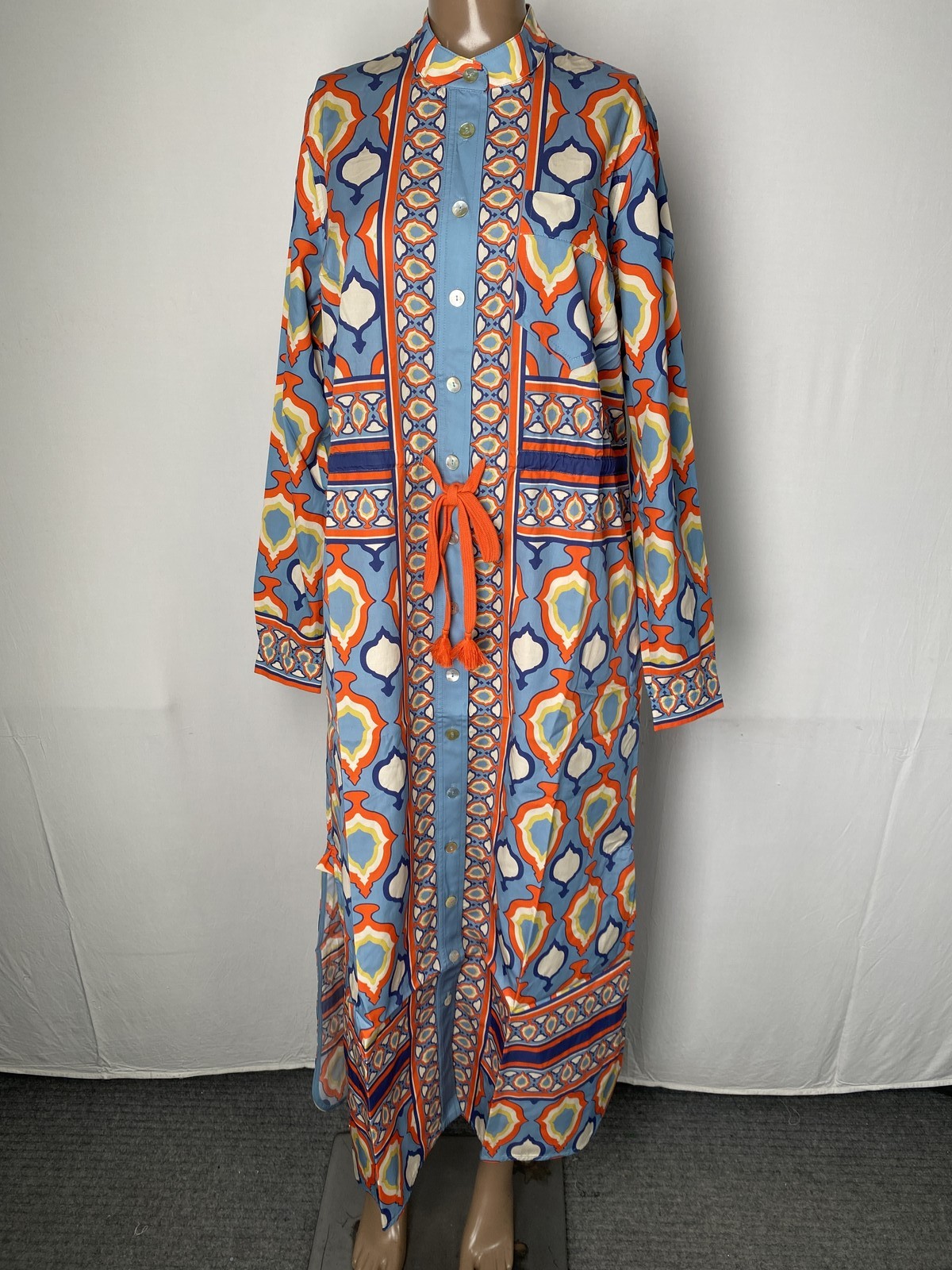 Hope For Flowers Womens Maxi Shirtdress Blue/Multi Size S Band Collar Medallion
