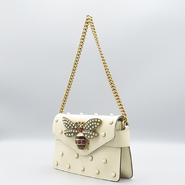 Gucci Broadway 2-Way Clutch Bag Ivory Leather with Pearl Studs