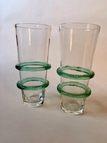 Vintage Pair of Blenko 3749-G Double Ringed Highball Glasses Sea Green & Crystal