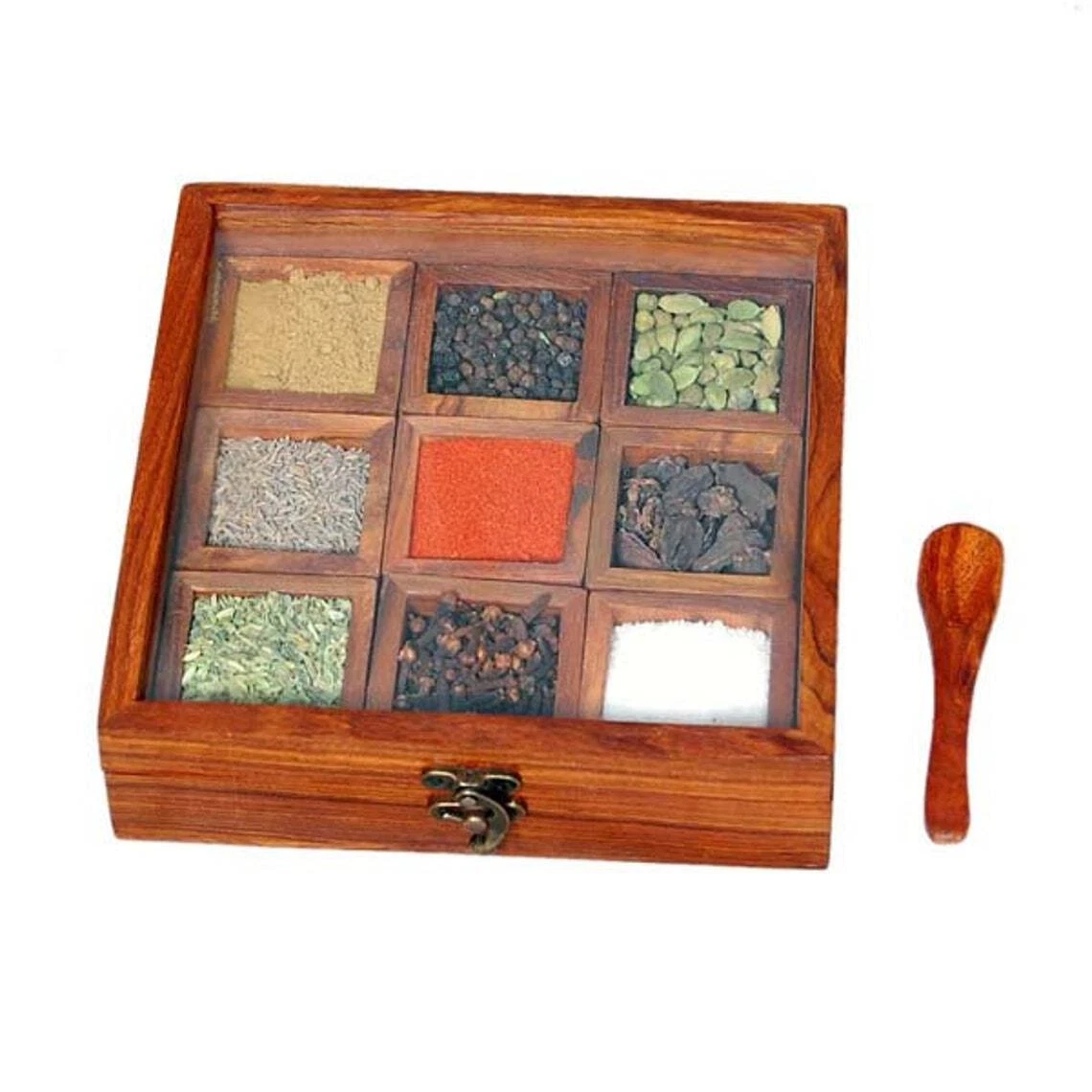 Wooden Spice Box with 9 Containers Jars & Spoon in Sheesham Wood - Spice jar