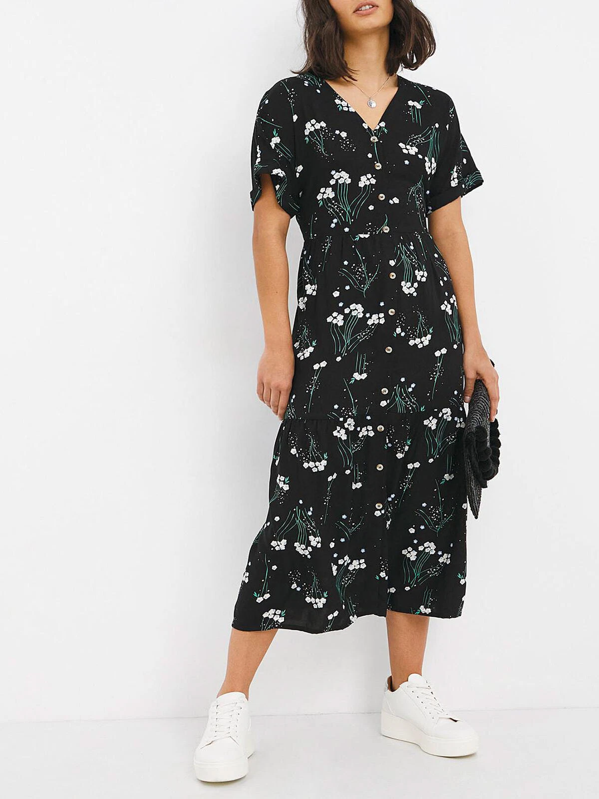 JD Williams Black Floral Print Button Through Smock Maxi Dress Sizes 14-28