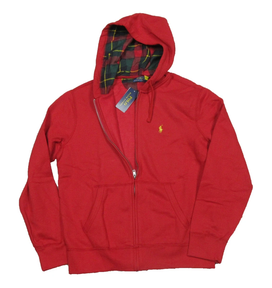 Polo Ralph Lauren Men's Red Plaid Hood Fleece Lined Full Zip Hoodie