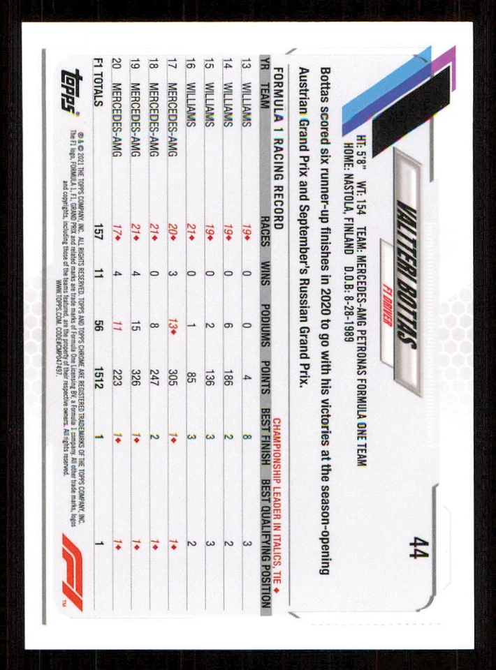 2021 Topps Chrome Formula 1 #44 Valtteri Bottas - Image 2 of 2