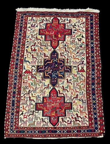 Stunning Handmade Vintage Wool Rug Colorful Soumak Design 3'5 x 4'11