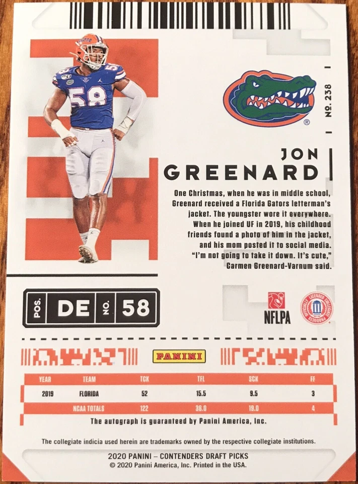 2020 Panini Contenders Draft Picks Rookie Autograph Jon Greenard #238 Florida - Image 2 of 2