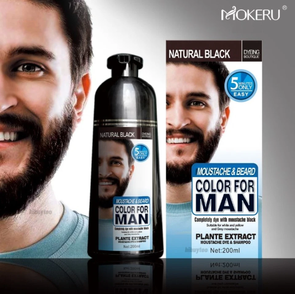 Champú para hombre 2 en 1 barba bigote color cabello natural tinte negro permanente Foto 3 de 4