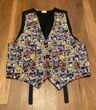 Vintage Looney Tunes Vest Men’s Small Polyester Black Button Cartoon