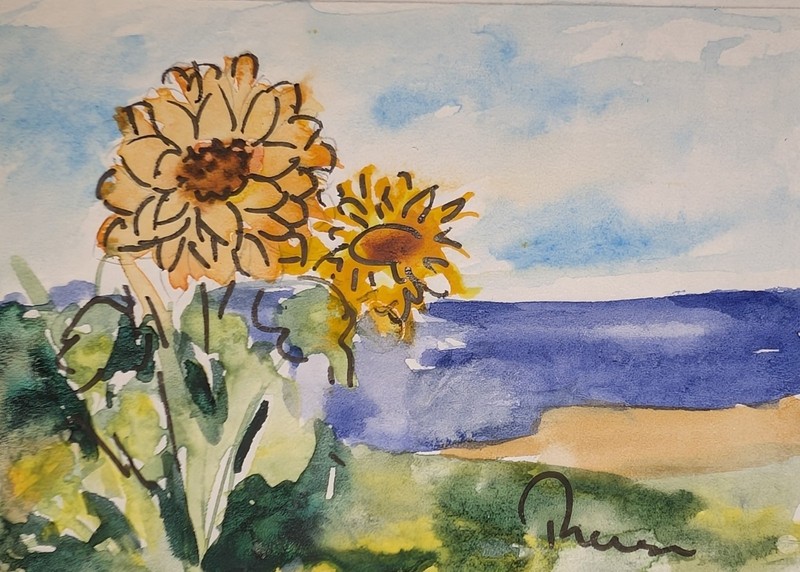 Sunflowers on the Beach - Original ACEO or ATC Unmatted watercolor painting
