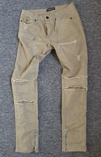 Jeans Beige Motociclista Cremallera Bota Corte Ajustado Rasgado Desgastado