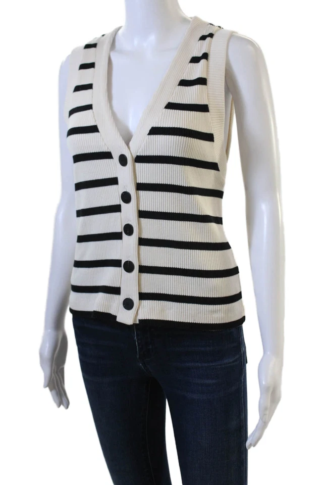 Camiseta sin mangas Massimo Dutti para mujer beige a rayas cuello en V algodón sin mangas con botones talla M Foto 2 de 4