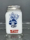 Vintage USA White Milk Glass Salt Shaker Jar Single Blue Dutch Girl Metal Top