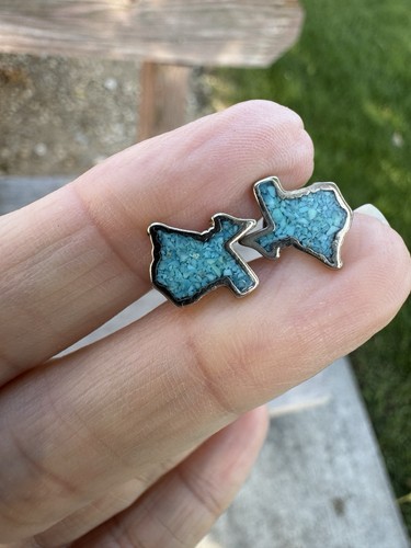 Vintage Silver tone real turquoise earrings Texas State Shape - Picture 5 of 6