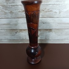 Wooden Hand Carved Vase with Floral Design 9 in