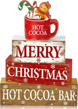 4 Pcs Christmas Wooden Tabletop Decorations Rustic Hot Cocoa Wood Colorful