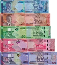 Namibia 5 PCS Set: 10 to 200 Dollars 2025- p20a to p24a, 220a to 224a UNC