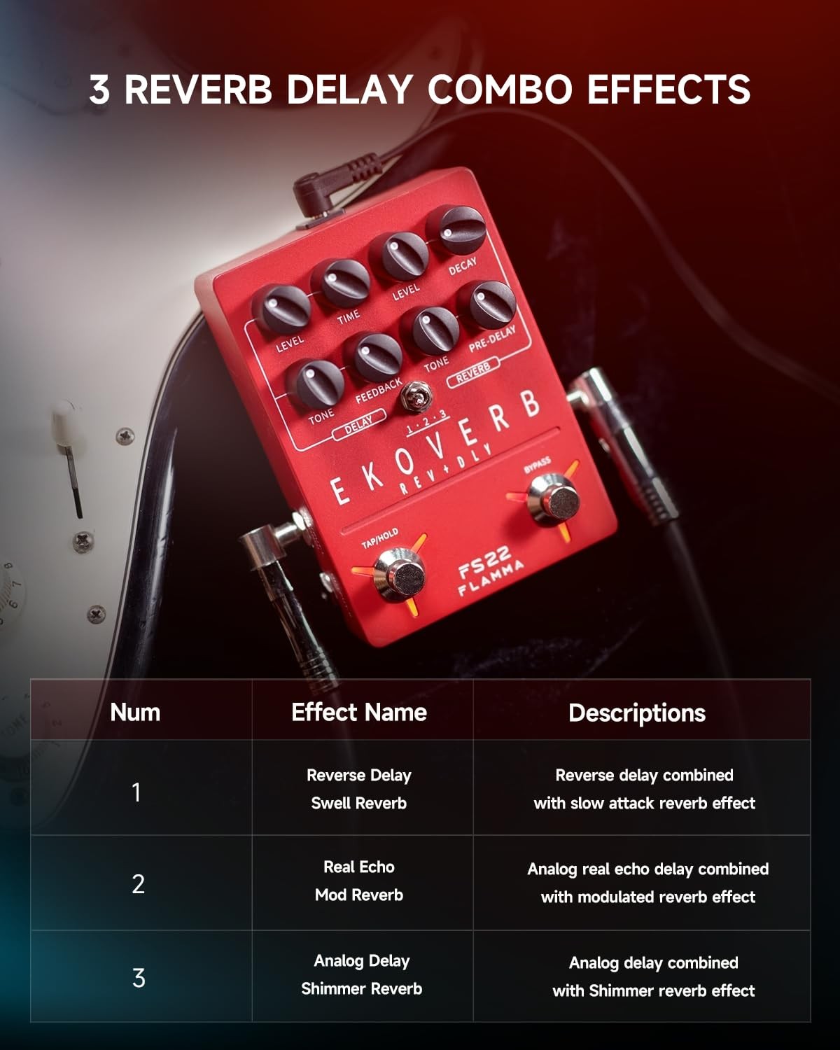 FS22 Stereo Delay & Reverb Combo Effects Pedal Ambient Guitar Pedal with 3 Pa...