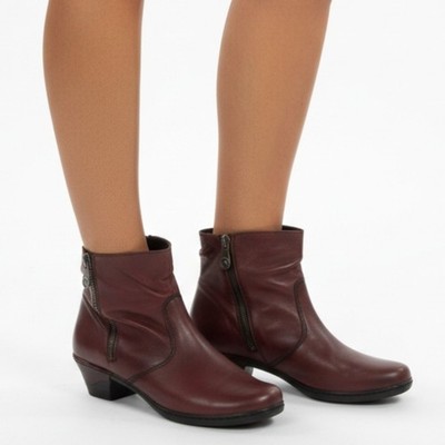 Rieker Leather Slouch Booties Burgundy Red Short Heel Women's 39 Zip Down Biker