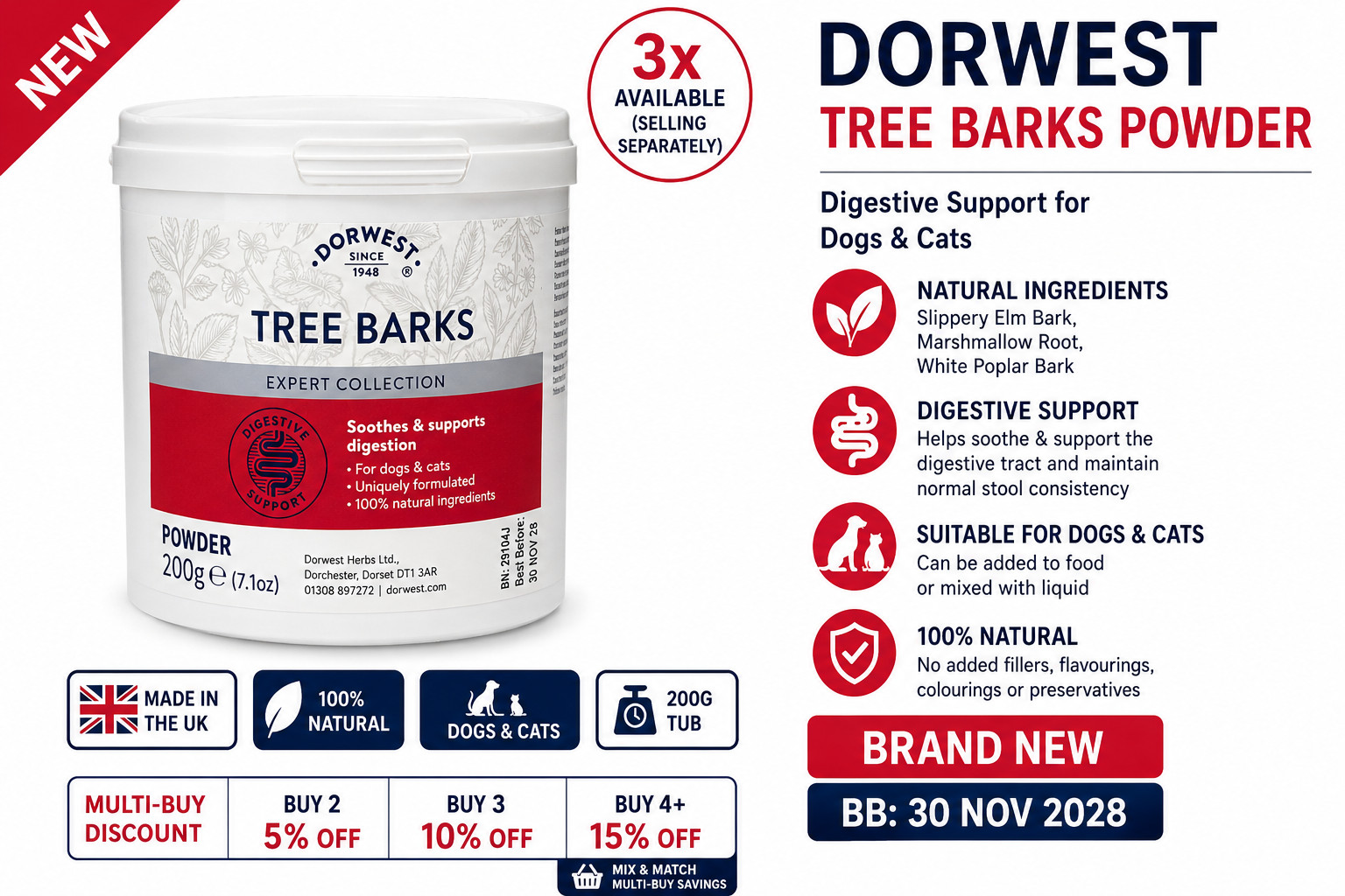 Dorwest Tree Barks Powder for Dogs and Cats, 200g, Slippery Elm Bark, Marshmallow Root and White Poplar Bark Blend – Soothes Digestion & Upset Tummies, Eases Discomfort, Natural Formula - Image 2