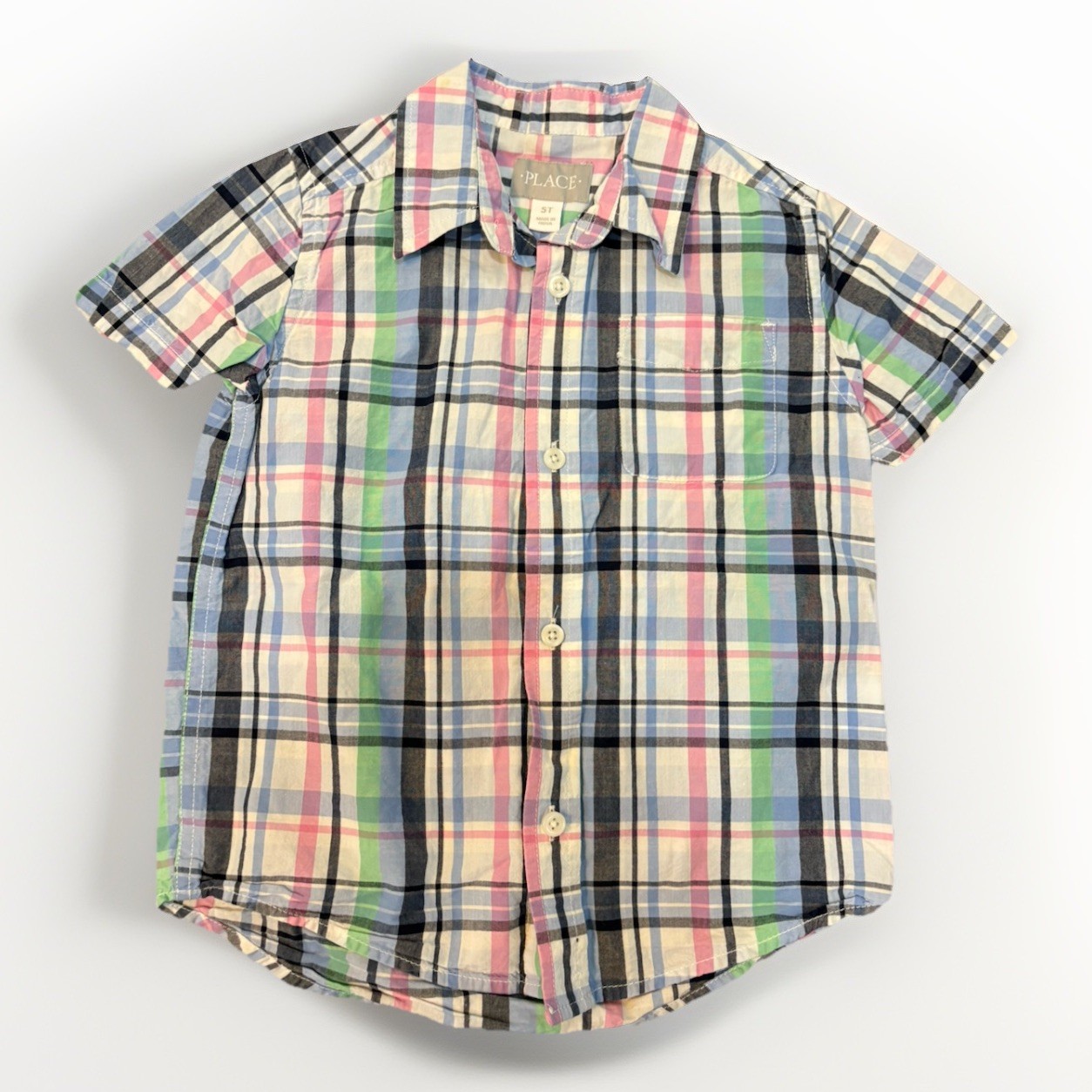 Boys 5T Plaid Easter Spring Short Sleeve Button Down Dress Shirt Blue & Pink