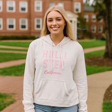 Y2K Hollister White and Pink Spellout Hoodie Collegiate Academia Coastal Comfy M