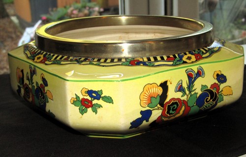 Antique Art Nouveau Vintage Flosmaron Square Ceramic Bowl 1920s Damaged EPNS rim - Picture 3 of 14