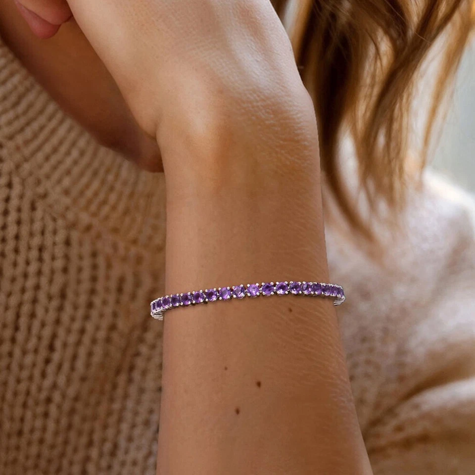 15 ctw Round Cut Amethyst Tennis Women's Bracelet 14K White Gold Plated .925 - Image 2 of 4