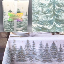 Rachel Zoe Christmas Tree Snowy Forest Snowflake 60x84 Tablecloth Silver Shimmer