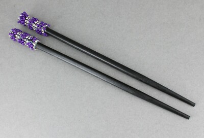Purple hair sticks crystal seed bead set 2 chop accessory picks pins 7 1/8'' long