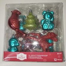 Holiday Time 12 Shatterproof Christmas Ornaments Brand New 6 Designs 2 each