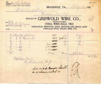 Feb. 20, 1907 Griswold Wire Co. Steel Wire Bale Ties original paper invoice