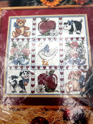 Cottagecore stamped cross stitch patchwork picture fruit and animals by Golden B