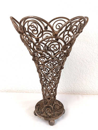 Mid Century Modern Scrolled Wrought Iron Umbrella Cane Stand Ball Feet 16" x 10"