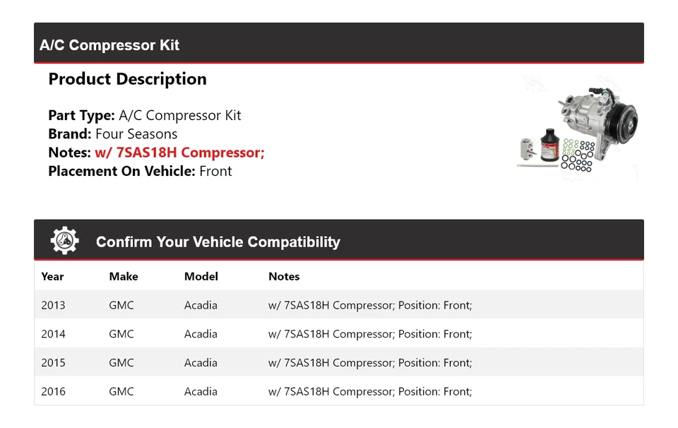 Kit de compresor de aire acondicionado delantero para GMC Acadia 2013-2016 4 estaciones 2014 2015 Foto 2 de 4