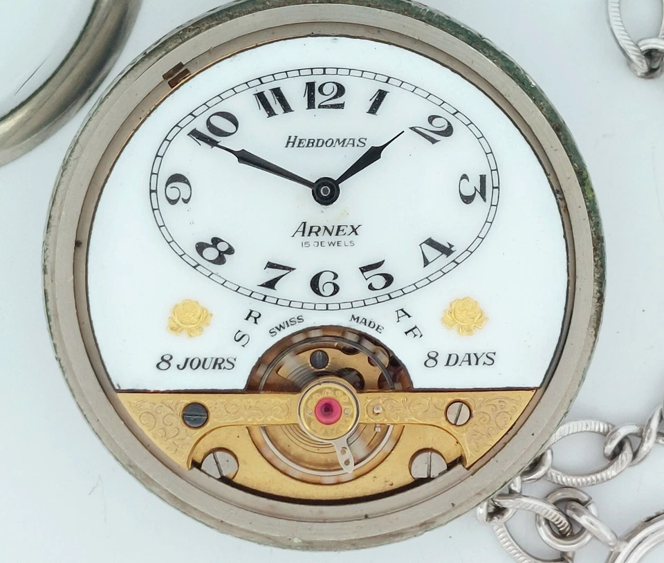 Antiguo Reloj Bolsillo Suizo Hebdomas Arnex 8 Días - 50mm con Escena de Cazador - Funciona Foto 4 de 4