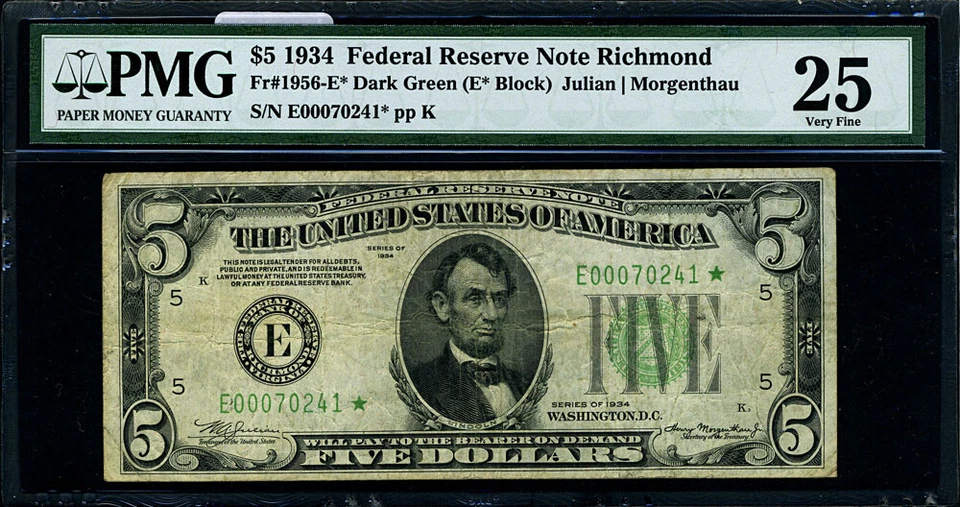 FR. 1956 E* $5 1934 Federal Reserve Note Non-Mule Richmond E-* Block DGS VF25 St - Image 2 of 3