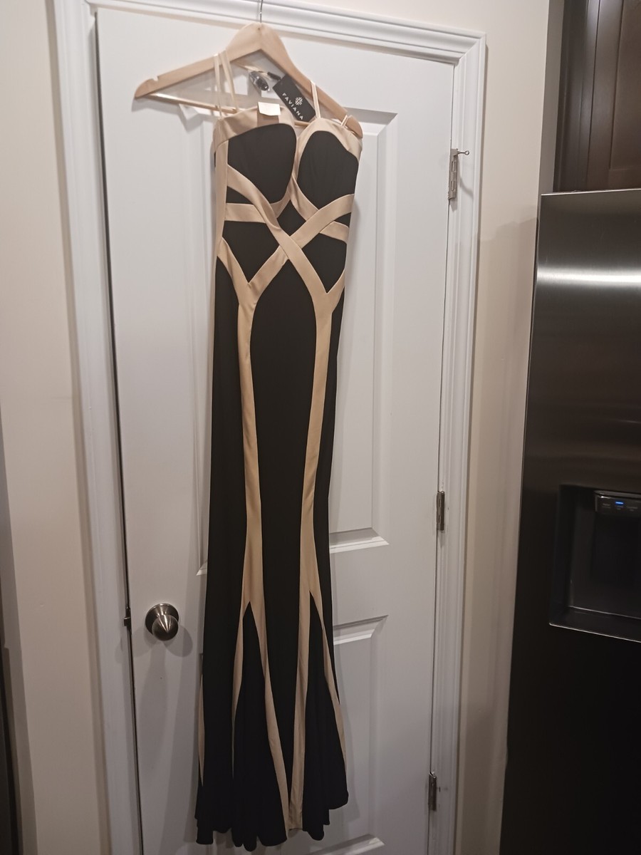 Faviana Black And Tan Long Stretchy Mermaid Sleeveless Gown Small 0 | eBay