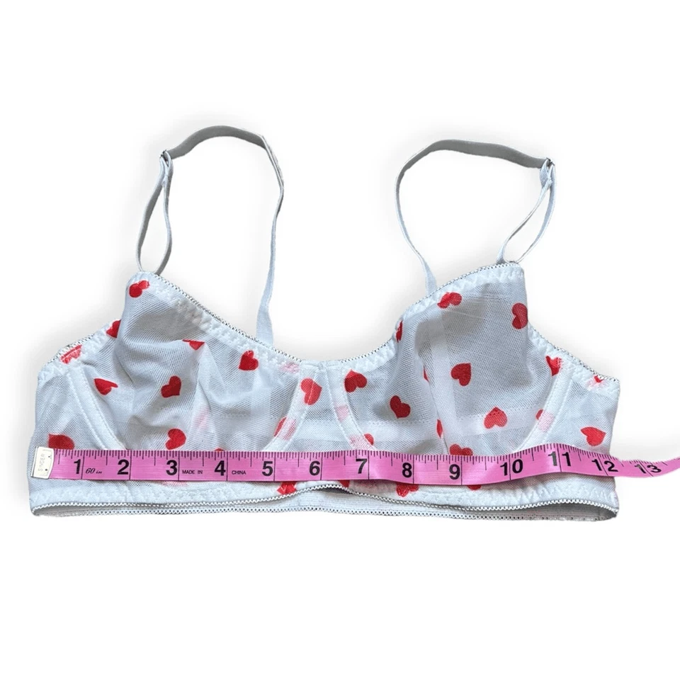 Women's White Red Heart Print Sheer Mesh Unlined Lingerie Underwire Bra Small - Image 4 of 4