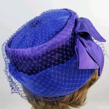 Vintage Blue Velvet Bucket Hat 1960s Union Made USA Satin Bow Netting